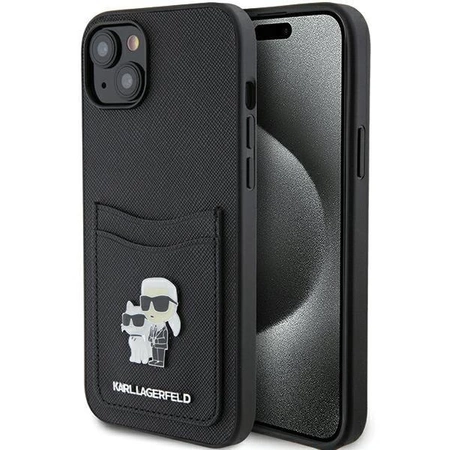 Etui Karl Lagerfeld Saffiano Cardslot Karl&Choupette Metal Pin do iPhone 15 - czarne