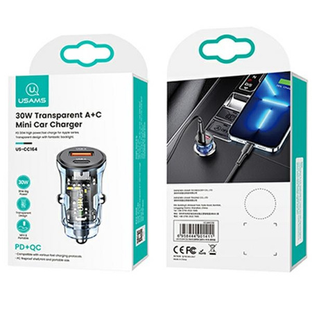 USAMS ŁADOWARKA SAMOCHODOWA 30W 1XUSB 1XUSB-C DO IPHONE 11 SZYBKA ŁADOWARKA