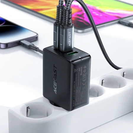 Acefast szybka ładowarka sieciowa GaN (2x USB-C / USB-A) PPS / PD / QC4+ 65W biała (A41)