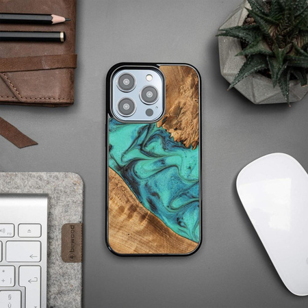 Etui z drewna i żywicy na iPhone 15 Pro Bewood Unique Turquoise - turkusowo-czarne