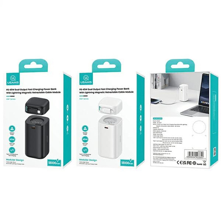 USAMS Powerbank ze zwijanym kablemRetractable Lightning 18000 mAh PD45W Fast Charge XMF Series biały/white 20KCD21702 (US-CD217)