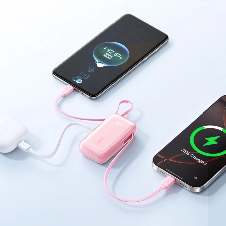 Powerbank Joyroom JR-PR2L 10000mAh 35W z wbudowanym zwijanym kablem USB-C i kablem-smyczą USB-C - różowy