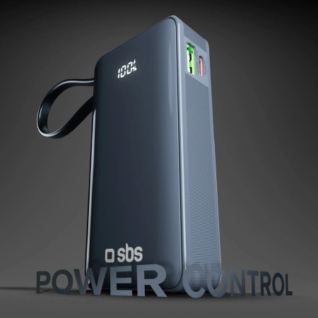 Powerbank SBS 10000 mAh 20W z wbudowanym kablem USB-C i wyświetlaczem cyfrowym - ciemnoszary