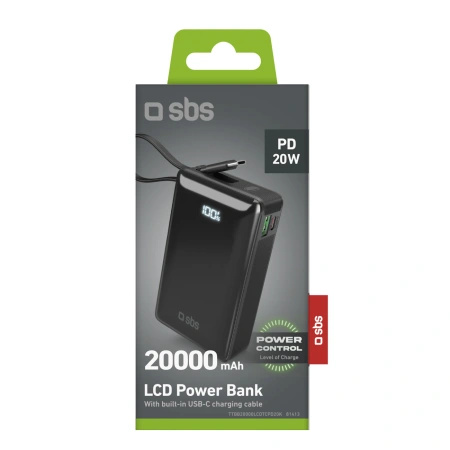 Powerbank SBS 20000 mAh 20 W z wbudowanym kablem USB-C i wyświetlaczem cyfrowym - czarny
