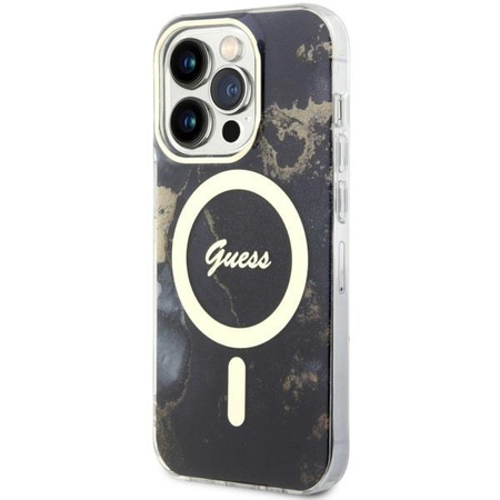 Etui Guess GUHMP14LHTMRSK na iPhone 14 Pro - czarne Golden Marble MagSafe