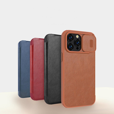 Nillkin Qin Leather Pro Case etui iPhone 14 Pro osłona na aparat kabura pokrowiec obudowa z klapką brązowy