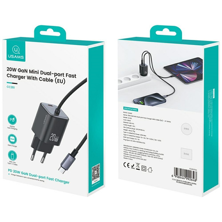 USAMS ŁADOWARKA 20W 2XUSB-C MINI SZYBKIE ŁADOWANIE GAO DO TELEFONÓW IPHONE