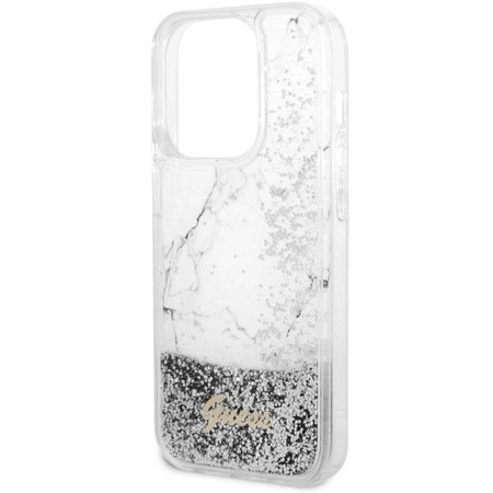 Etui Guess GUHCP14LLCSGSGH na iPhone 14 Pro - białe Liquid Glitter Marble