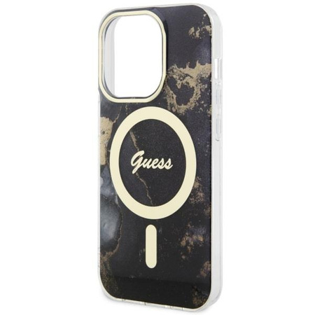Etui Guess GUHMP14LHTMRSK na iPhone 14 Pro - czarne Golden Marble MagSafe