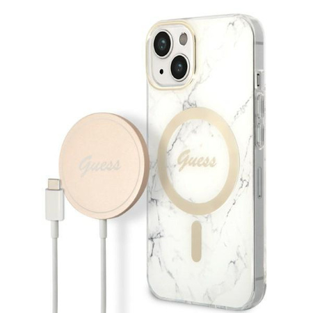 Guess zestaw ładowarka MagSafe + etui do iPhone 14 Plus 6,7" białe Marble (GUBPP14MHMEACSH)