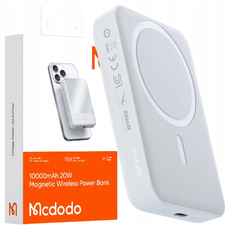MCDODO POWERBANK BEZPRZEWODOWY 10000MAH 20W INDUKCYJNY + KABEL USB-C DO MAGSAFE IPHONE 12 13 14 15 MINI PLUS PRO MAX BIAŁY