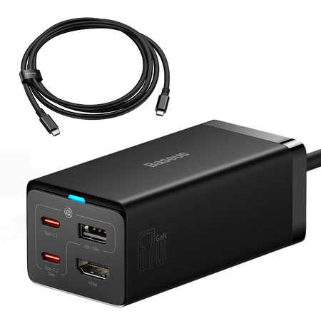 Baseus szybka ładowarka sieciowa GaN5 Pro HUB HDMI 2 x USB-C / USB-A / HDMI 4K 30Hz 1,5m czarna + kabel USB-C - USB-C 100W 40Gb/s (USB4) 1m (CCGP110201)