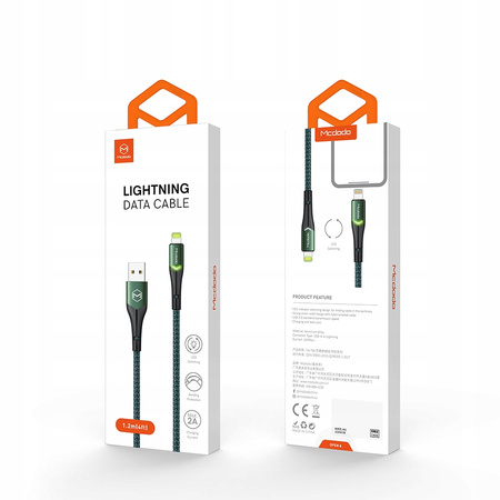 MCDODO KABEL USB LIGHTNING SZYBKIEGO ŁADOWANIA 36W DO IPHONE 13 14 2M LED CZARNY