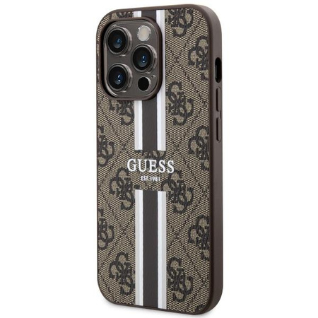 Etui Guess GUHMP14LP4RPSW na iPhone 14 Pro - brązowe 4G Printed Stripes MagSafe