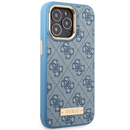 Etui Guess GUHMP14LU4GPRB na iPhone 14 Pro - niebieskie 4G Logo Plate MagSafe