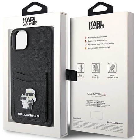 Etui Karl Lagerfeld Saffiano Cardslot Karl&Choupette Metal Pin do iPhone 15 - czarne