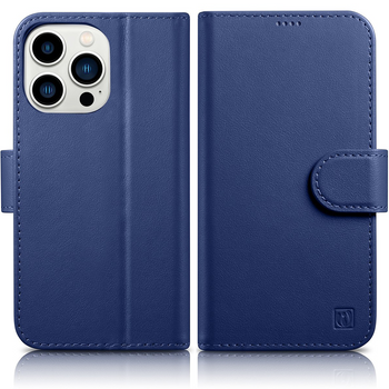 iCarer Wallet Case 2in1 etui iPhone 14 Plus skórzany pokrowiec z klapką Anti-RFID niebieski (WMI14220727-BU)