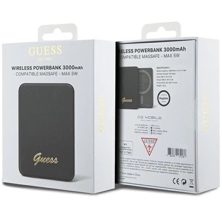 Powerbank indukcyjny Guess MagSafe Metal Script Logo 5W 3000mAh - czarny