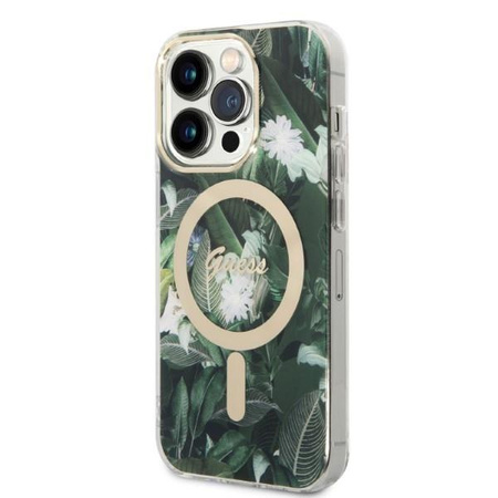 Guess zestaw ładowarka MagSafe + etui do iPhone 14 Pro 6,1" zielone Jungle (GUBPP14LHJEACSA)