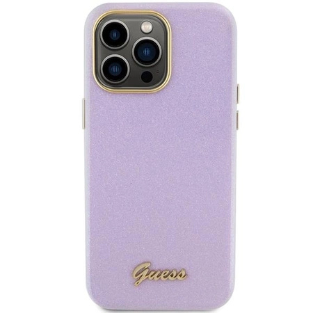 Etui Guess Glitter Glossy Script do iPhone 15 Pro - liliowe