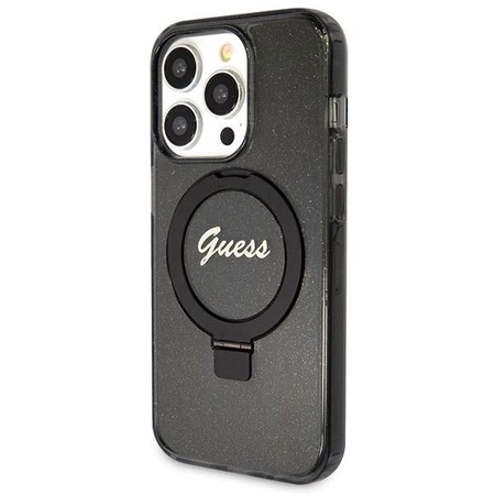 Etui Guess Ring Stand Script Glitter MagSafe na iPhone 14 Pro - czarne