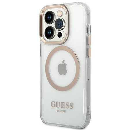 Etui Guess GUHMP14LHTRMD na iPhone 14 Pro - złote Metal Outline Magsafe