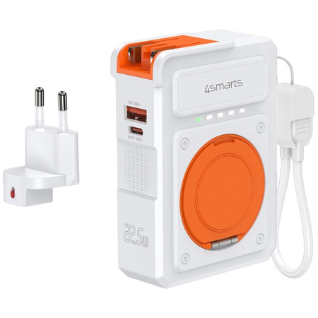 Ładowarka hybrydowa 4smarts 6w1          USB-C/USB-A PD 22.5W z powerbankiem 10 000 mAh, ładowanie indukcyjne Qi, kabel USB-C, biały