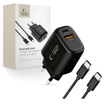 TECH-PROTECT NCA45W-GAN 2-PORT NETWORK CHARGER PD 45W / QC3.0 + TYPE-C CABLE BLACK