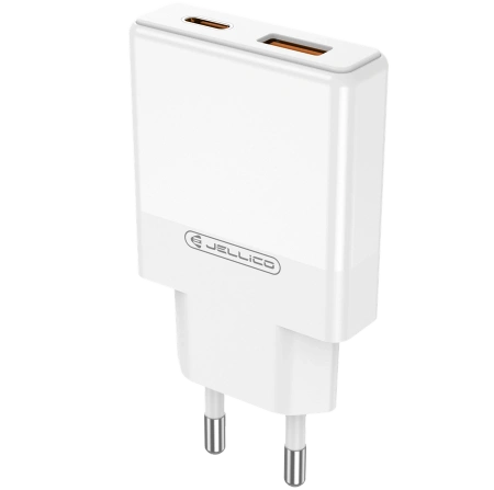 JELLICO ładowarka sieciowa EU57 PD 20W 1xUSB-C + 1xUSB QC3.0 + kabel USB-C - Lightning Biały