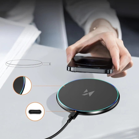 Ładowarka indukcyjna Wozinsky WLI-01Y 15W Qi z kablem USB-C - czarny