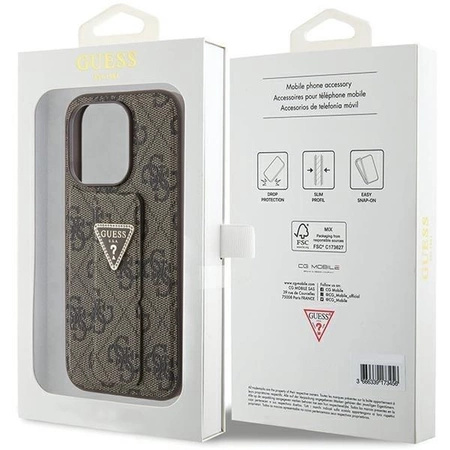 Etui Guess Grip Stand 4G Triangle Strass na iPhone 15 Pro - brązowe