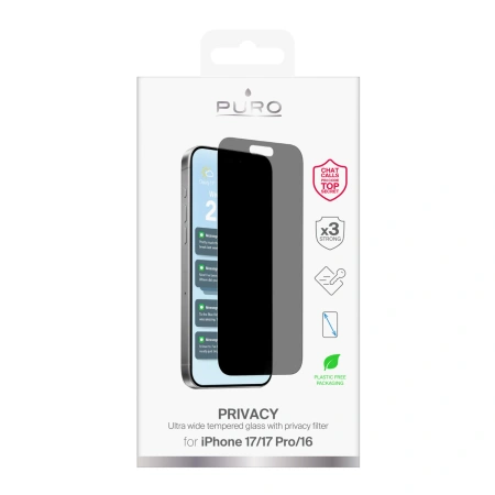 PURO SZKŁO HARTOWANE PRIVACY DO IPHONE 17 17 PRO 16 Z OCHRONĄ