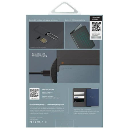 Etui na paszport UNIQ Belmont z Apple    Find My blokada RFID szaro niebieski