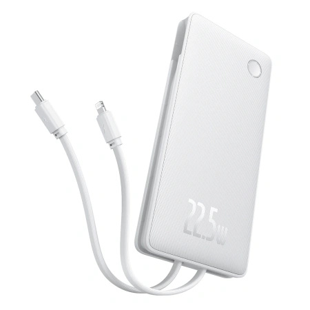 Powerbank Baseus Airpow Lite 10000mAh 22,5W z wbudowanymi kablami USB-C i Lightning - biały