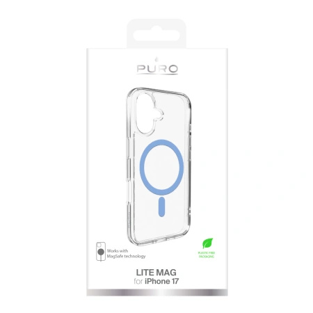 Etui Puro Lite Mag TPU+PC kompatybilne z MagSafe na iPhone 17 - przezroczyste z niebieskim pierścieniem