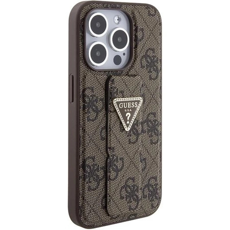 Etui Guess Grip Stand 4G Triangle Strass na iPhone 15 Pro - brązowe