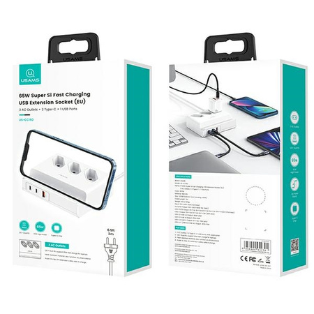 USAMS LISTWA ZASILAJĄCA 65W DO TELEFONÓW I LAPTOPÓW USB EXTENSION SOCKET EU