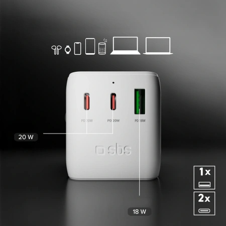 Adapter podróżny SBS 2xUSB-C 1xUSB-A uniwersalny - biały