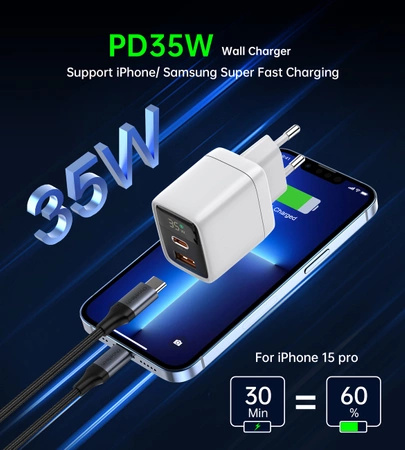 Ładowarka sieciowa Choetech PD6052 USB-C USB-A PD 35W GaN z wyświetlaczem - biała