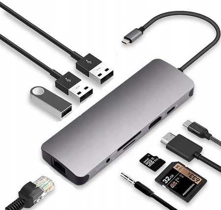 Adapter do laptopa CO2, Hub 9w1, USB-C, HDMI ,4K, karta SD , karta Micro SD, Ethernet Gigabit, Jack 3,5 mm, Space gray 0044