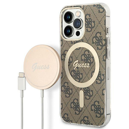 Guess zestaw ładowarka MagSafe + etui do iPhone 13 Pro Max 6,7" brązowe 4G Print (GUBPP13XH4EACSW)