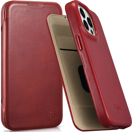 iCarer CE Oil Wax Premium Leather Folio Case skórzane etui iPhone 14 Pro Max z klapką magnetyczne MagSafe czerwony (AKI14220708-RD)