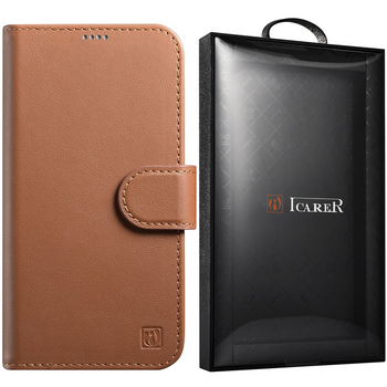 iCarer Wallet Case 2in1 etui iPhone 14 Plus skórzany pokrowiec z klapką Anti-RFID brązowy (WMI14220727-BN)