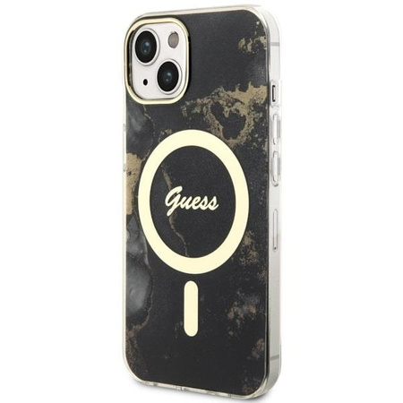 Etui Guess GUHMP14SHTMRSK na iPhone 14 - czarne Golden Marble MagSafe