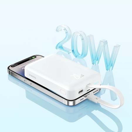 Powerbank Baseus Magnetic Mini MagSafe 10000mAh 20W z wbudowanym kablem Lightning - biały + kabel Baseus Simple Series USB-C - USB-C 60W 0.3m