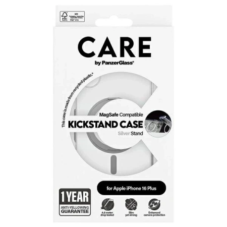 Etui CARE by PanzerGlass Feature Kickstand Case z MagSafe na iPhone 16 Plus - srebrne