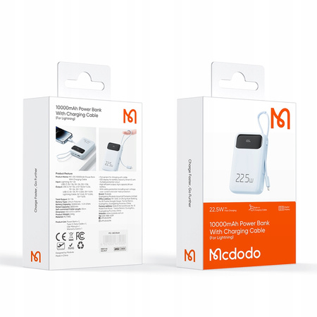 MCDODO POWERBANK 10000MAH Z WYŚWIETLACZEM 3X USB USB-C 22,5W + KABEL USB-C