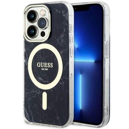 Etui Guess GUHMP14LPCUMAK na iPhone 14 Pro - czarne Marble MagSafe