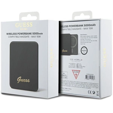 Powerbank indukcyjny Guess MagSafe Metal Script Logo 15W 5000mAh - czarny
