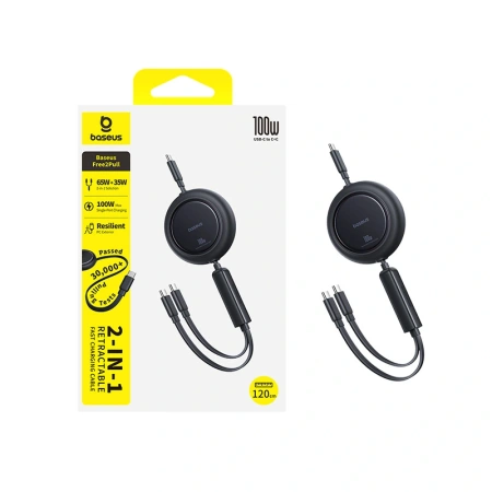 Kabel zwijany Baseus Free2Pull Mini 100W 3w1 USB-C - 2xUSB-C 1.2m - czarny